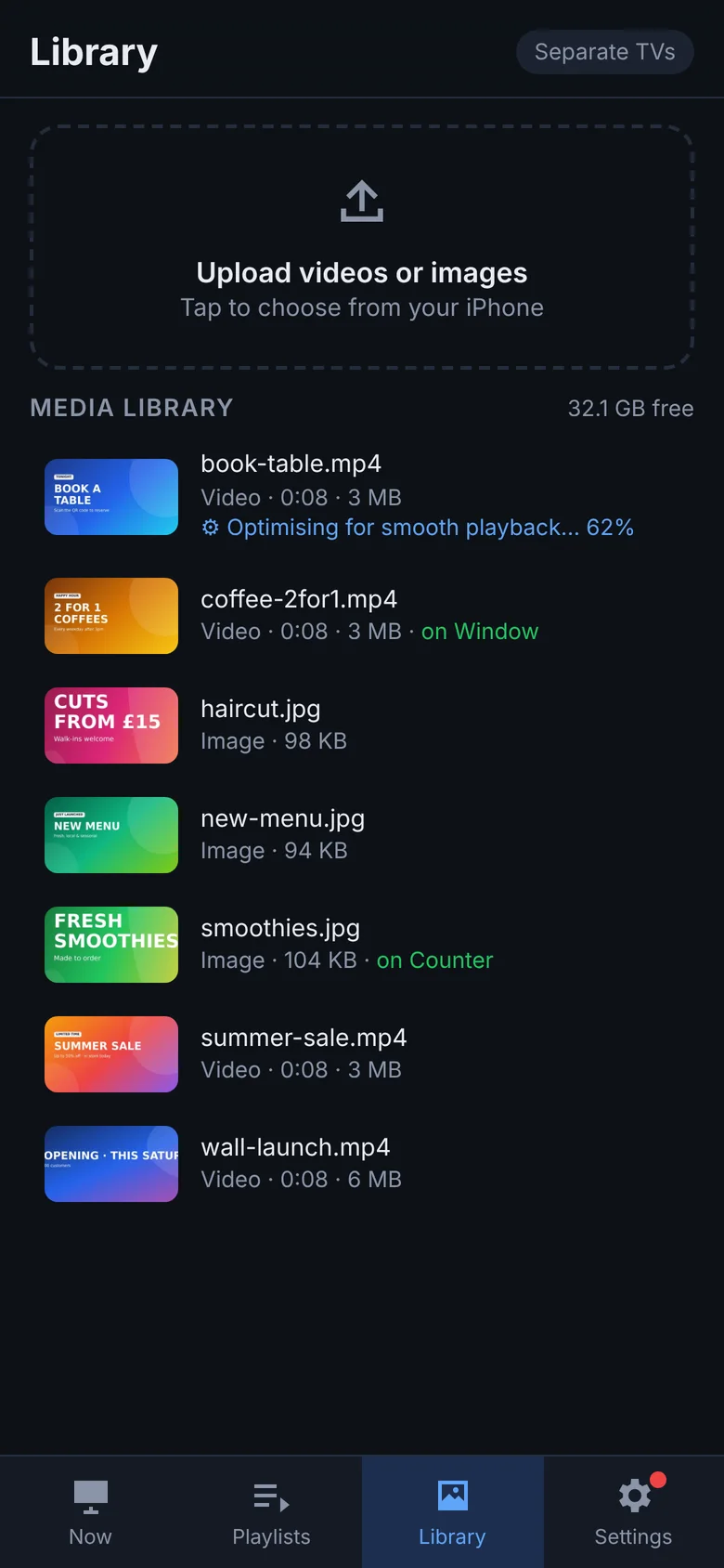 Media library with thumbnails and optimising progress