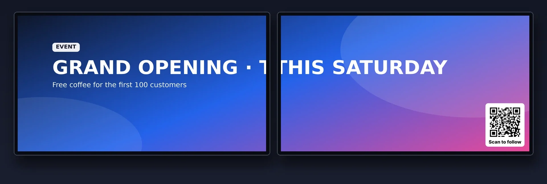 Two TVs showing one advert stretched across both, with a QR code in the corner