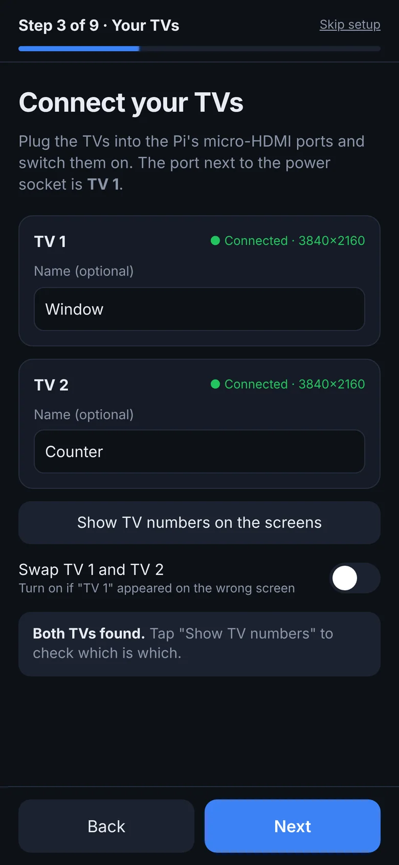 Setup wizard detecting both TVs and their resolution